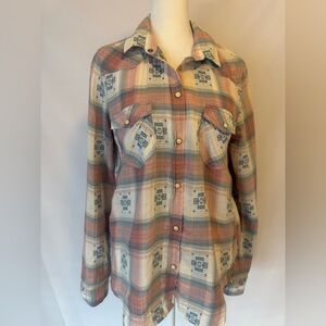American Eagle vintage boyfriend long sleeve shirt, blue pink and white plaid